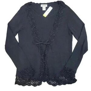 Notations Women's Black Rayon/Nylon Knit Top w Attached Cardigan & Crocheted Lac